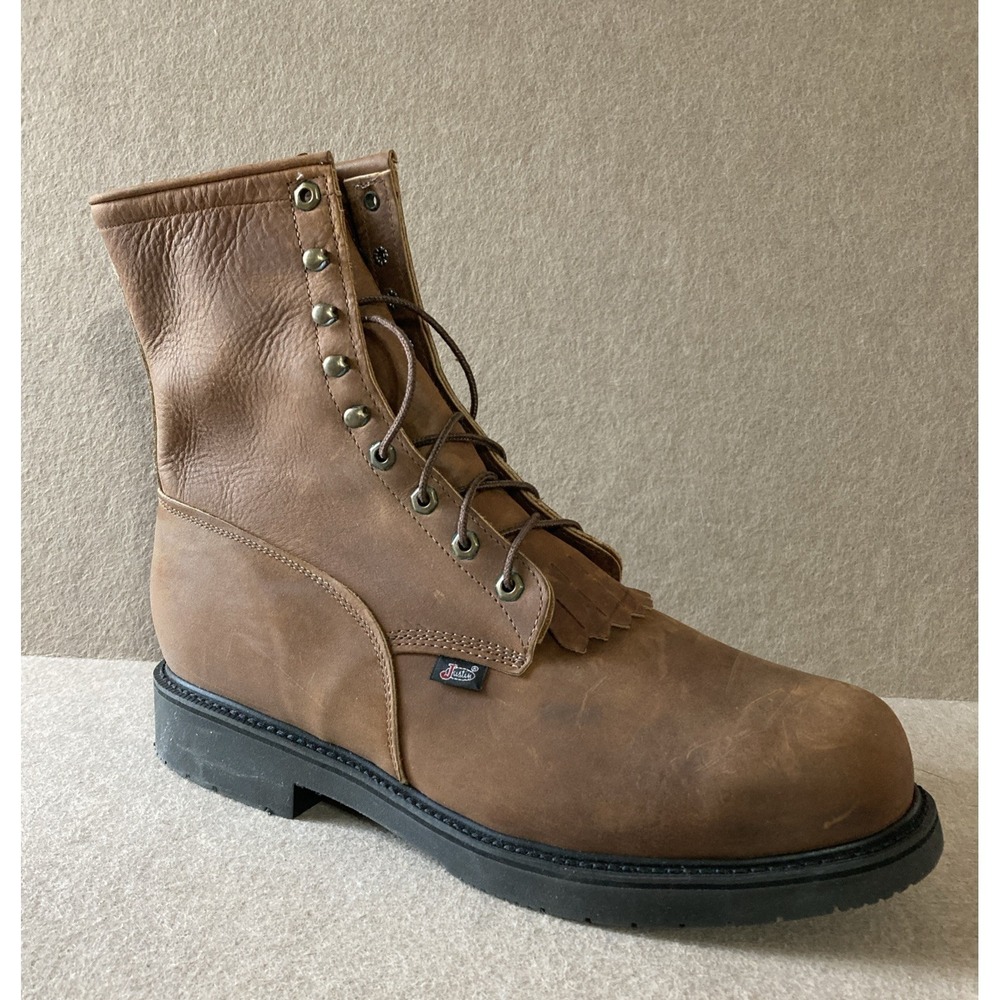 Justin Steel Toe Work Boots Mens 15 D New 8" Aged Bark‎ Kiltie Lace 795 RPU USA